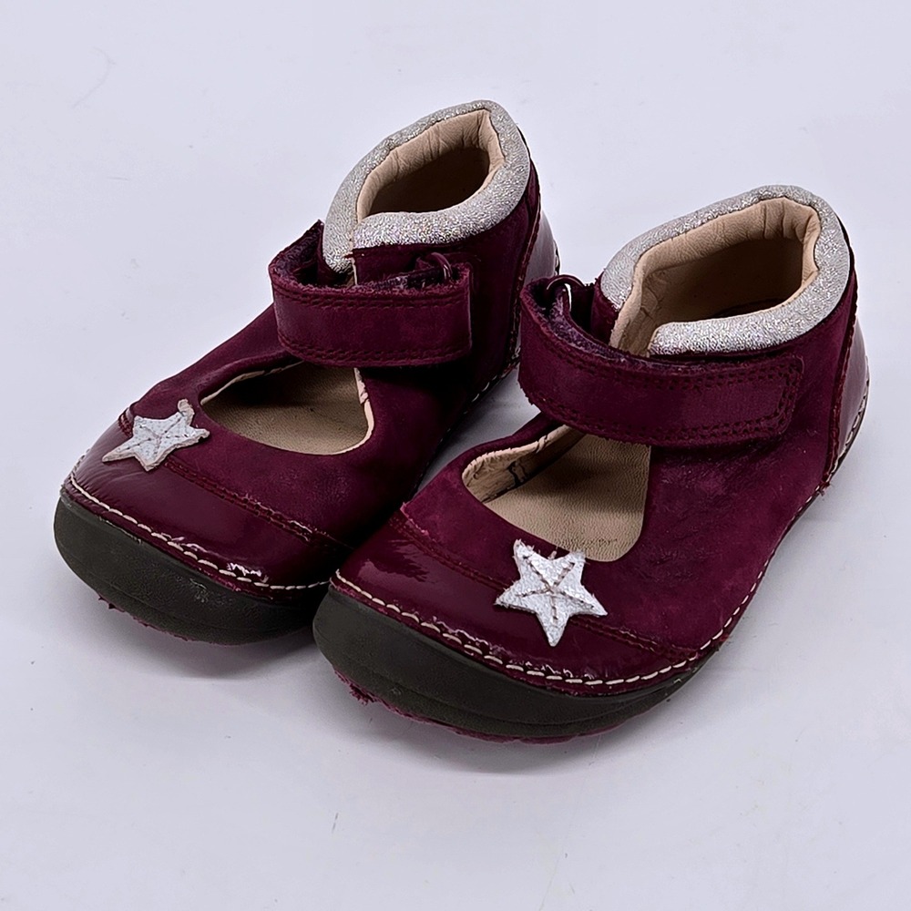 Clarks First Shoes Tiny Mist Plum Burgundy Leather Mary Jane Stars‎ Shoes Sz 6W